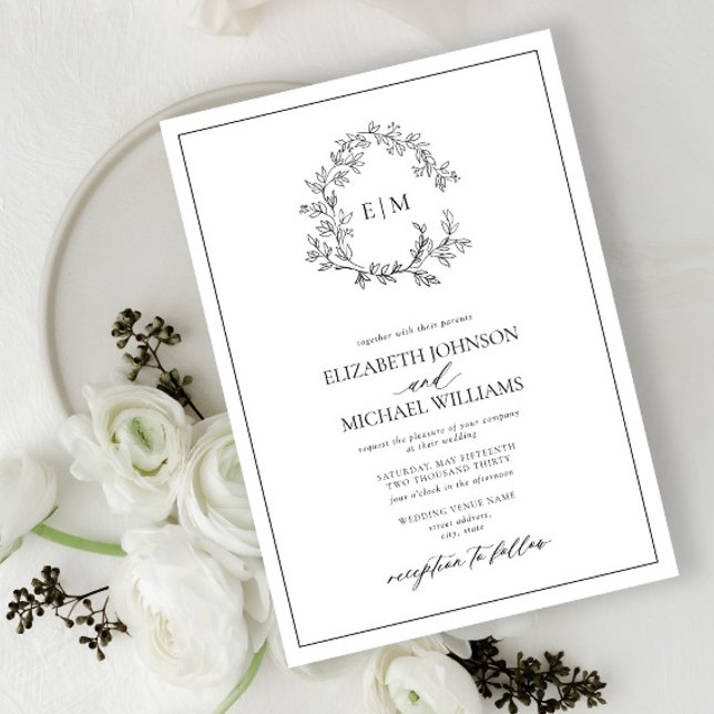 Invitación Boda Monograma del Escudo de Leafy Negro Blanco (Subido por el creador)