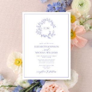 Invitación Boda Monograma del Escudo de leafy Periwinkle mode