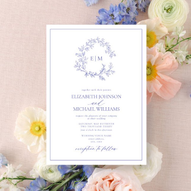 Invitación Boda Monograma del Escudo de leafy Periwinkle mode (Subido por el creador)