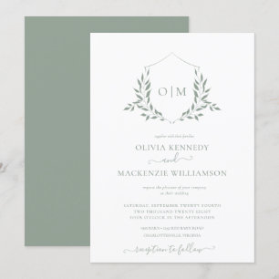 Invitación Boda Monograma del Escudo de Leafy Verde Masaje Mo
