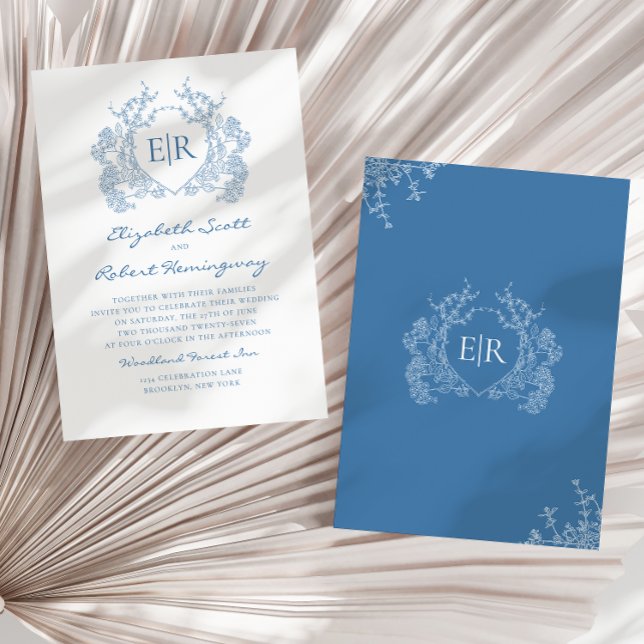 Invitación Boda Monograma del Escudo Floral Azul Vintage (Subido por el creador)