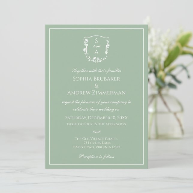 Invitación Boda Monograma del Escudo floral clásico Eucalyptu (Anverso de pie)