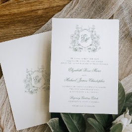 Invitación Boda Monograma del Escudo floral verde en salvia f