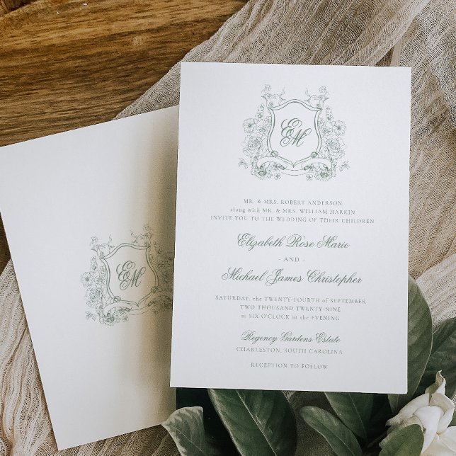 Invitación Boda Monograma del Escudo floral verde en salvia f (Subido por el creador)