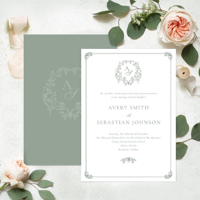 Invitación Boda Monograma del Escudo verde sabio formal (Subido por el creador)