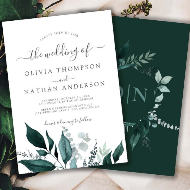 Invitación Boda Monograma del Jardín Verde Esmeralda (Emerald Greenery Wedding Invitation Woodland Marriage Green Leaves Foliage Botanical Rustic)