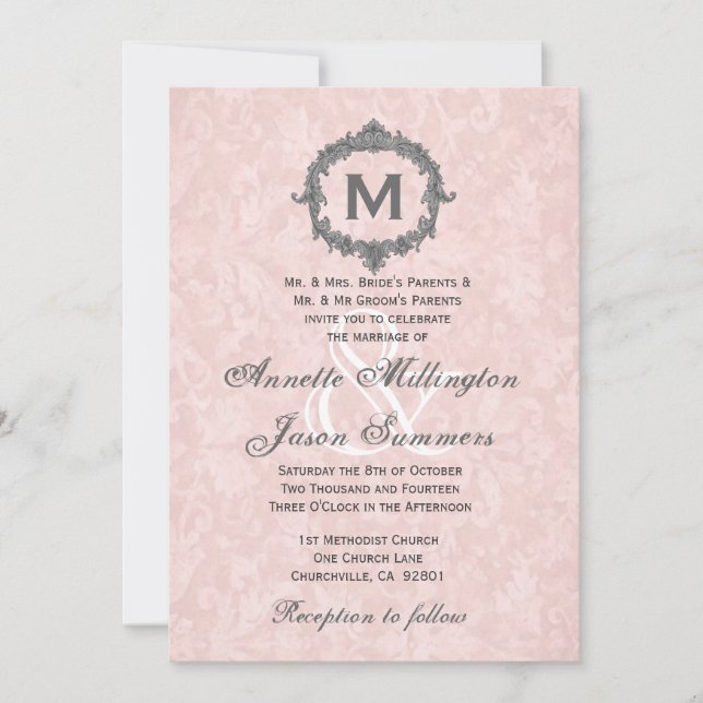 Invitación Boda monograma del marco de la vesícula gris del a (Anverso)