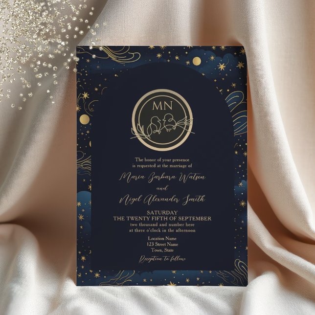 Invitación Boda Monograma Dorado de la Marina Celeste (Subido por el creador)