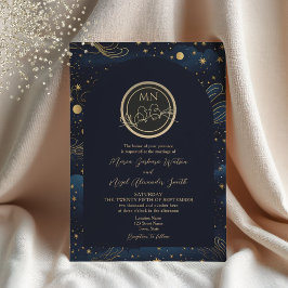 Invitación Boda Monograma Dorado de la Marina Celestial