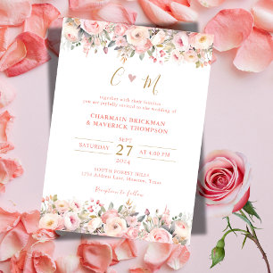 Invitación Boda Monograma dorado del marco rosado floral