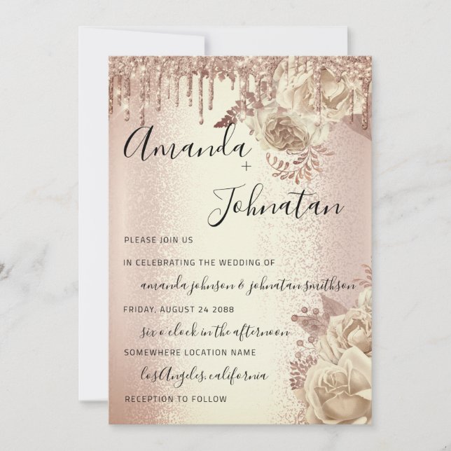 Invitación Boda Monograma Drips Florals Ivory Rosa (Anverso)
