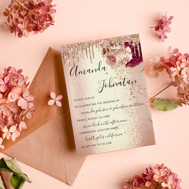 Invitación Boda Monograma Drips Florals Marsala Rosa Burgun (Wedding Monogram Drips Florals Marsala Rose Burgun Invitation)