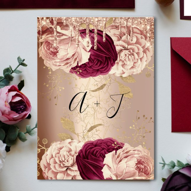 Invitación Boda Monograma Drips Florals Marsala Rosa Gold (Wedding Monogram Drips Florals Marsala Rose Gold Invitation)