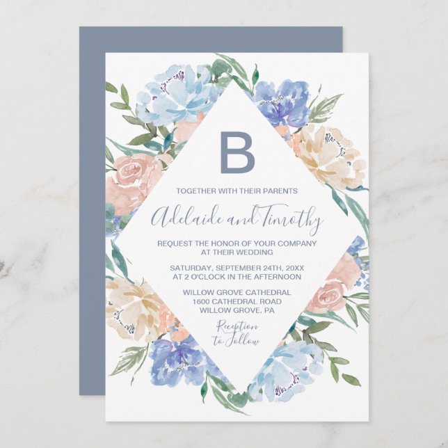Invitación Boda Monograma Dusty Blue Floral Diamond (Anverso / Reverso)