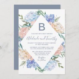Invitación Boda Monograma Dusty Blue Floral Diamond
