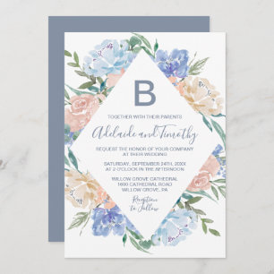 Invitación Boda Monograma Dusty Blue Floral Diamond