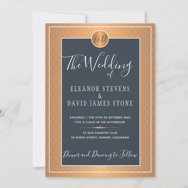 Invitación Boda Monograma Elegante Azul de la Marina Metálica (Anverso)