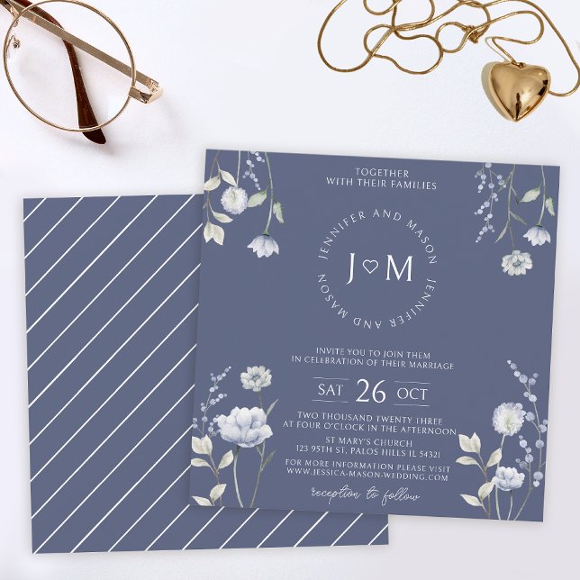 Invitación Boda Monograma elegante de flor azul turquesa (Subido por el creador)