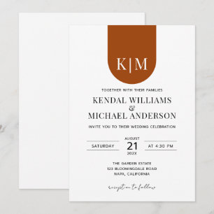 Invitación Boda monograma elegante de terracota blanca simple