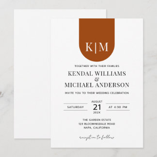 Invitación Boda monograma elegante de terracota blanca simple