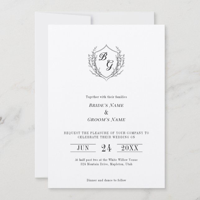Invitación Boda monograma elegante del Escudo de la vendimia  (Anverso)