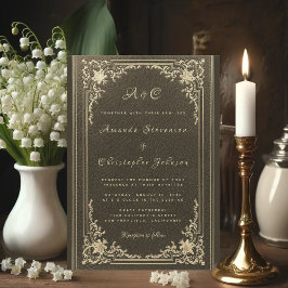 Invitación Boda Monograma elegante oro de cosecha sobre negro