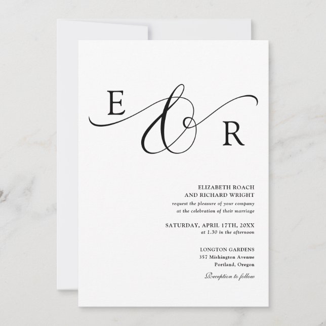 Invitación Boda Monograma Elegante Script Blanco y Negro (Anverso)