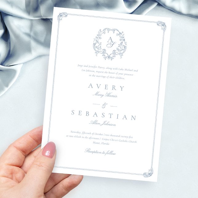 Invitación Boda Monograma Escudo azul turbio formal (Subido por el creador)