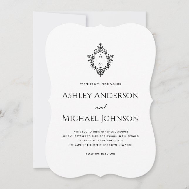 Invitación Boda Monograma Escudo blanco negro de cosecha simp (Anverso)