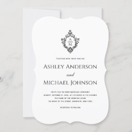 Invitación Boda Monograma Escudo blanco negro de cosecha simp
