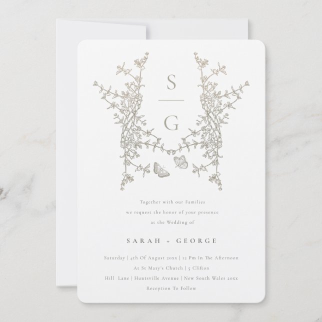 Invitación Boda Monograma Escudo Botánico de Oro Gris Platead (Anverso)