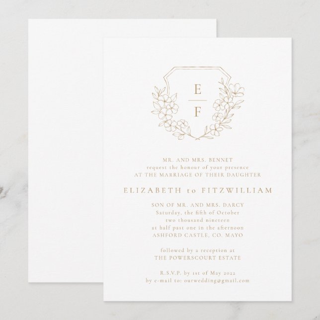 Invitación Boda Monograma Escudo de cerezo simple de oro (Anverso / Reverso)