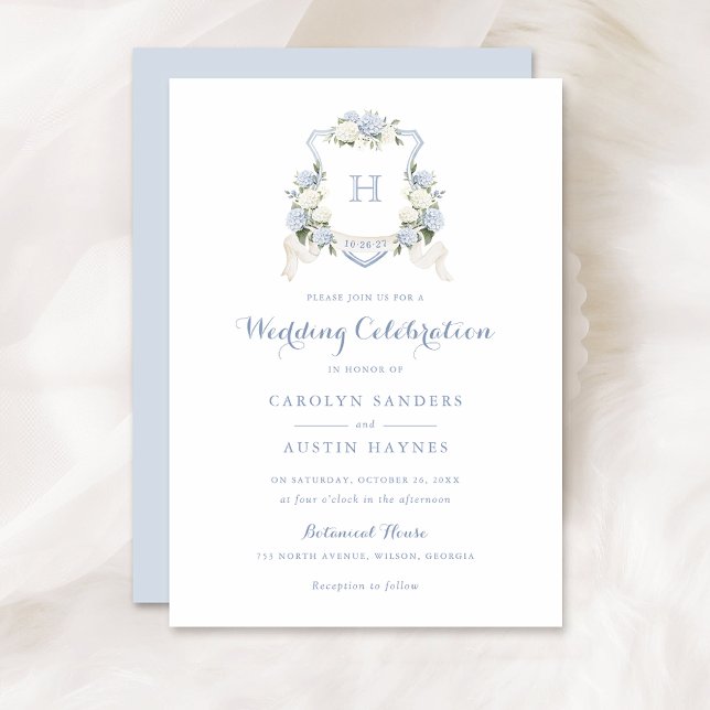 Invitación Boda Monograma Escudo de Hidrangea Azul Floral (Subido por el creador)