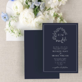 Invitación Boda Monograma Escudo de Leafy Azul de la Marina F