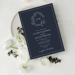Invitación Boda Monograma Escudo de Leafy Azul de la Marina m