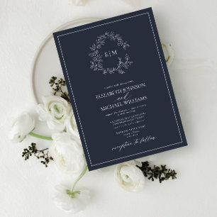 Invitación Boda Monograma Escudo de Leafy Azul de la Marina m