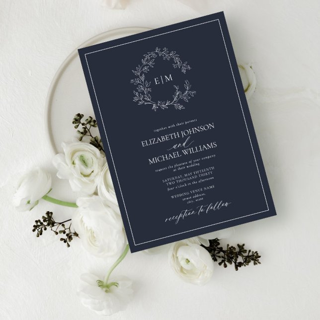 Invitación Boda Monograma Escudo de Leafy Azul de la Marina m (Subido por el creador)