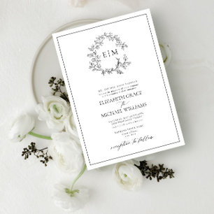 Invitación Boda Monograma Escudo de Leafy Blanco Formal