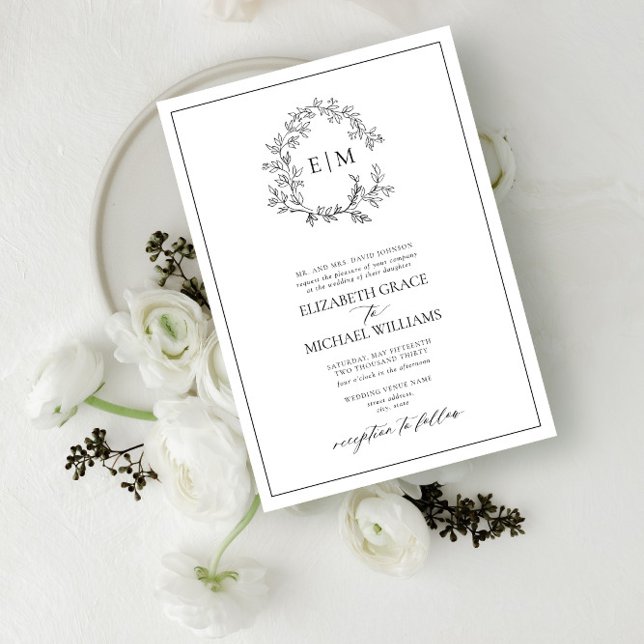 Invitación Boda Monograma Escudo de Leafy Blanco Formal (Subido por el creador)