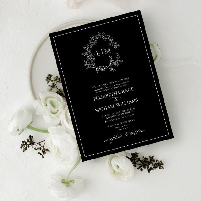 Invitación Boda Monograma Escudo de Leafy Blanco Formal (Subido por el creador)