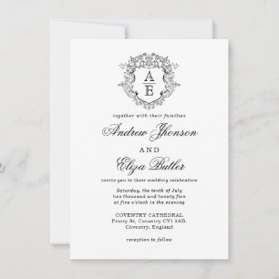 Invitación Boda Monograma Escudo de Leafy Blanco y Negro Form