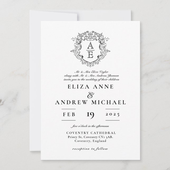 Invitación Boda Monograma Escudo de Leafy Blanco y Negro Form (Anverso)