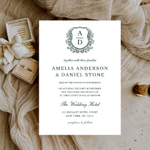 Invitación Boda Monograma Escudo de Leafy Verde Esmeralda For