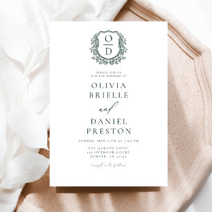 Invitación Boda Monograma Escudo de Leafy Verde Esmeralda For
