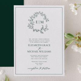 Invitación Boda Monograma Escudo de Leafy Verde Esmeralda For
