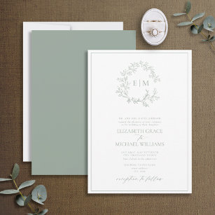 Invitación Boda Monograma Escudo de Leafy Verde Sage formal