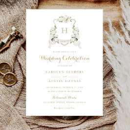 Invitación Boda Monograma Escudo de oro de hidrangea blanca f