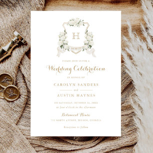 Invitación Boda Monograma Escudo de oro de hidrangea blanca f