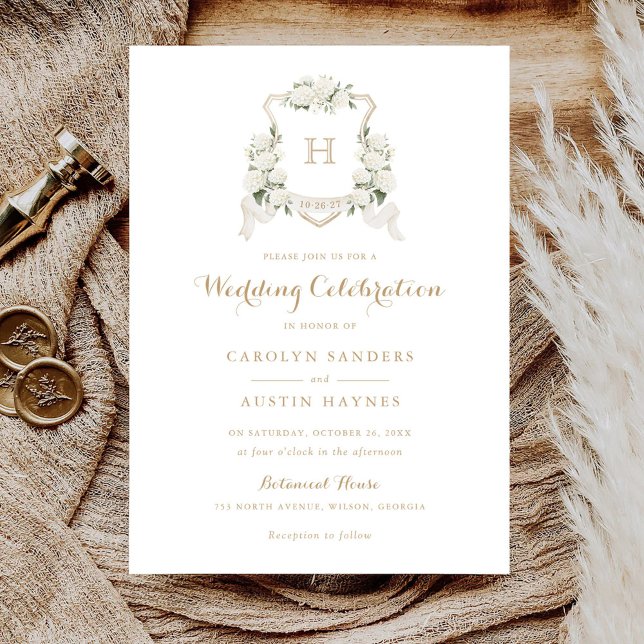 Invitación Boda Monograma Escudo de oro de hidrangea blanca f (Subido por el creador)