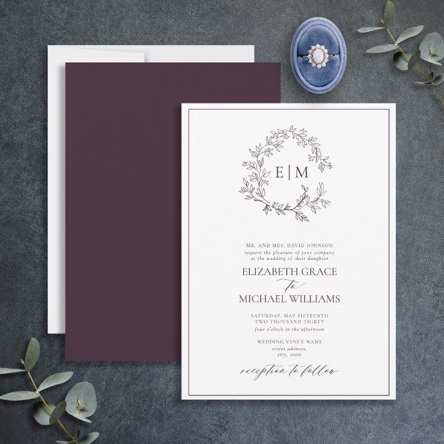 Invitación Boda Monograma Escudo de plaqueta púrpura formalme (Subido por el creador)